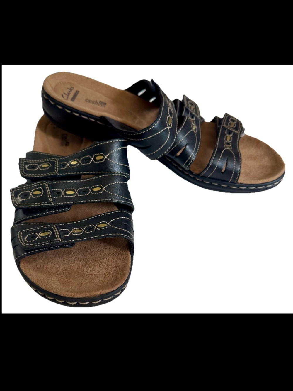 Clarks Laurieann Ayla 3-Strap Adjustable Sandals Womens US 11 Black Gold Cushion